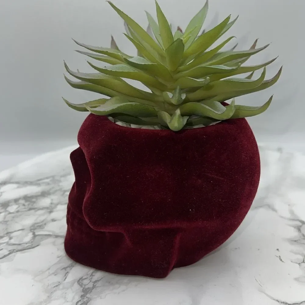 FLORA BUNDA Flocked Velvet Skull Planter with Artificial Succulent
